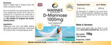 D-Mannose 1000 mg tabletter i pakke med 100, vegan, med hvit og blå design, tydelig dosering.