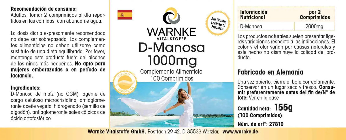 D-Mannose 1000mg tabletter i en hvit og blå emballasje, viser 100 veganske tabletter i en boks.