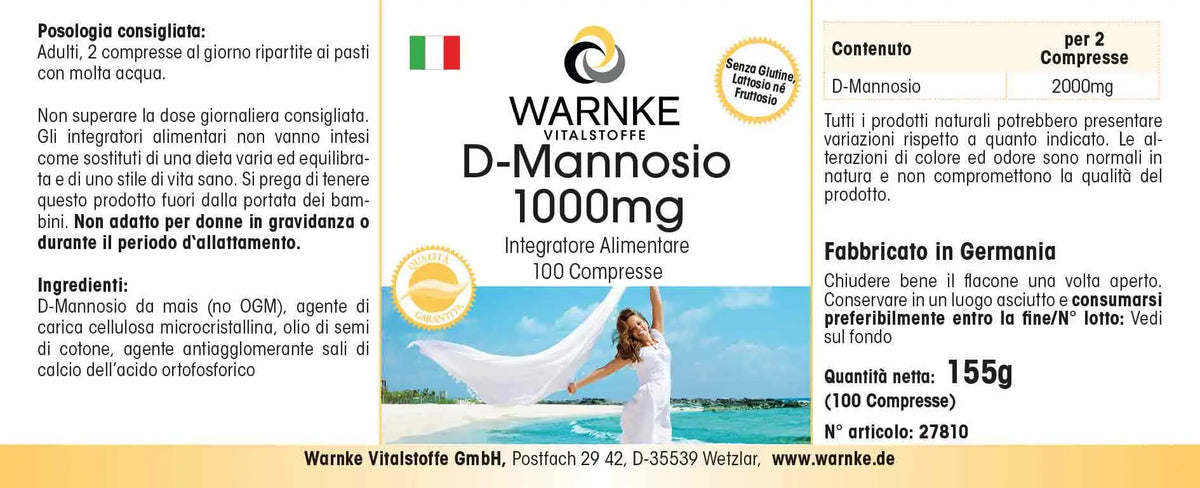 D-Mannose 1000 mg, 100 veganske tabletter, med blå bakgrunn og produktinformasjon på hvit emballasje.