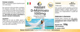 D-Mannose 1000 mg, 100 veganske tabletter, med blå bakgrunn og produktinformasjon på hvit emballasje.