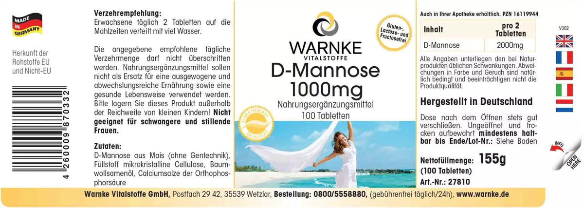 D-Mannose 1000mg tabletter, 100 stk. Forpakning med tydelig merking og beskrivelser, laget i Tyskland.