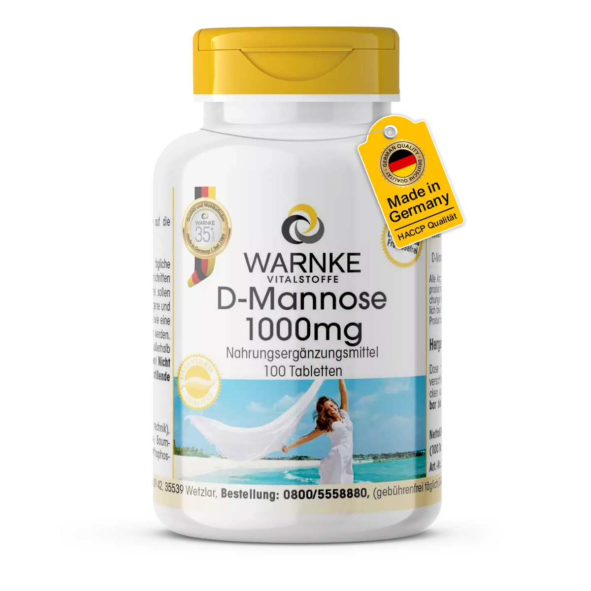 D-Mannose 1000 mg tabletter i en hvit flaske med gul kork, inneholder 100 veganske tabletter.