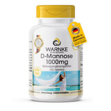 D-Mannose 1000 mg tabletter i en hvit flaske med gul kork, inneholder 100 veganske tabletter.