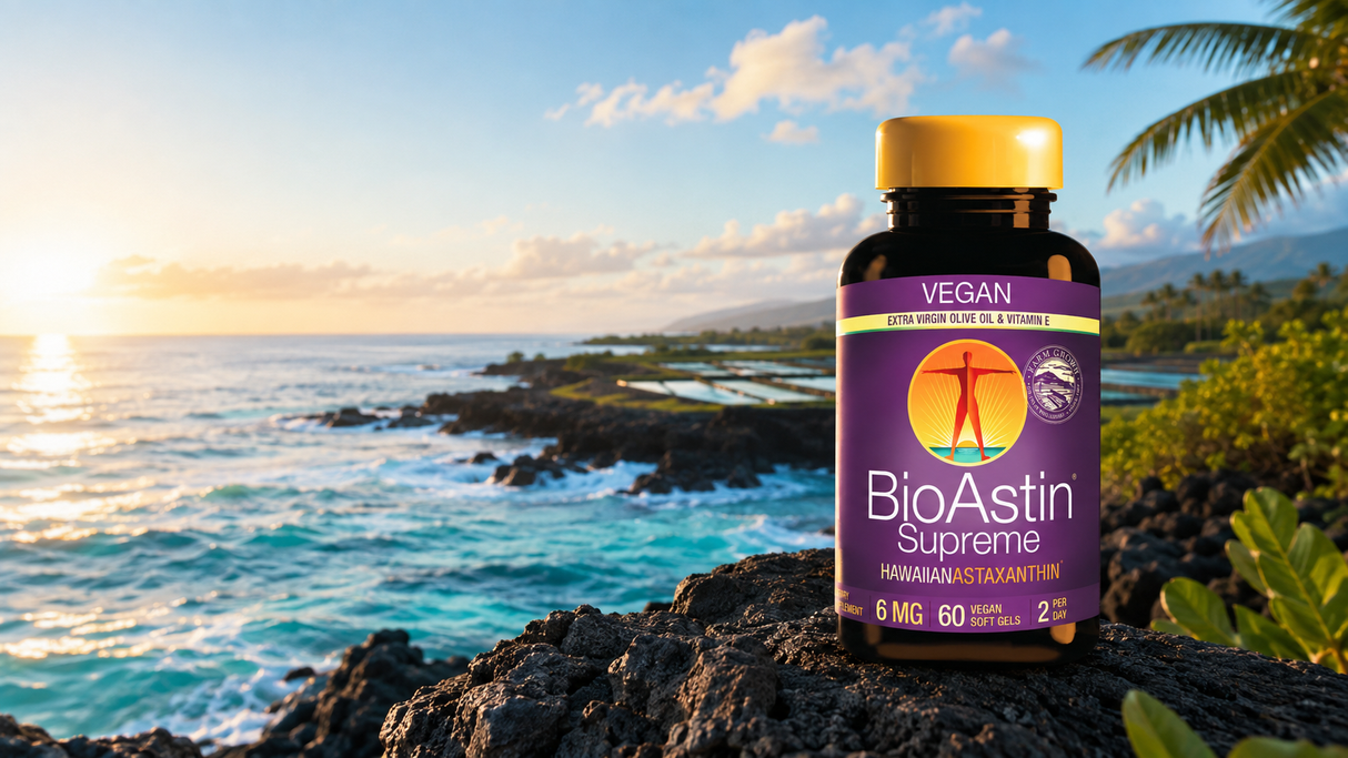 BioAstin Supreme astaxantinflaske med lilla etikett, 60 veganske softgels, stående på steiner med hav og solnedgang bakgrunn.