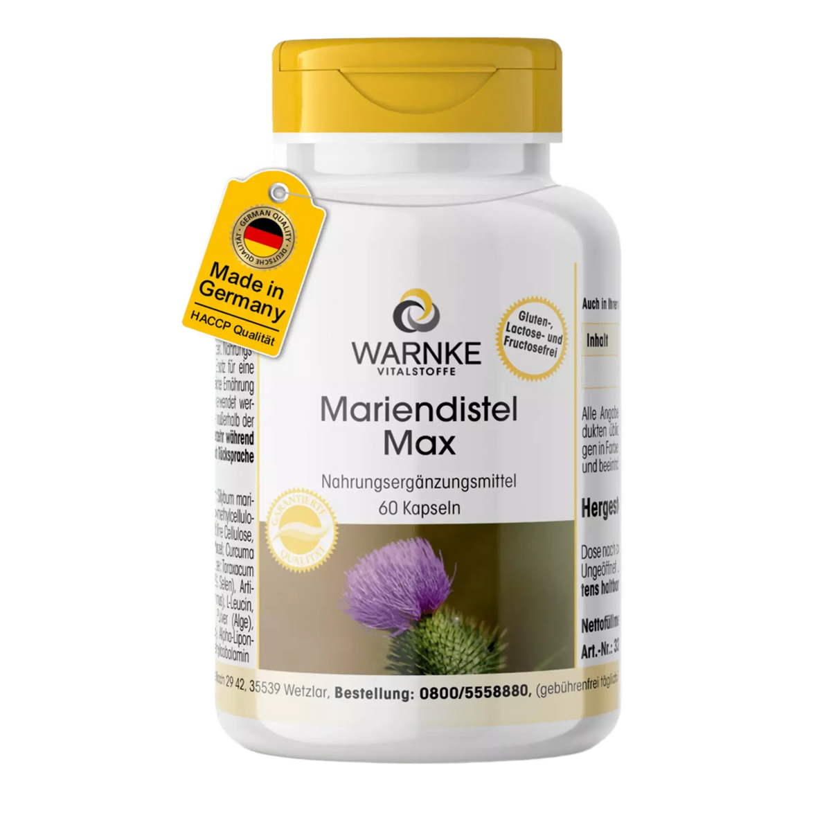 Mariendistel Max-kapsler med gul kork og etikett, viser produktnavn, mengde og en blomst til venstre.