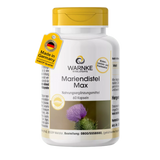 Mariendistel Max-kapsler med gul kork og etikett, viser produktnavn, mengde og en blomst til venstre.