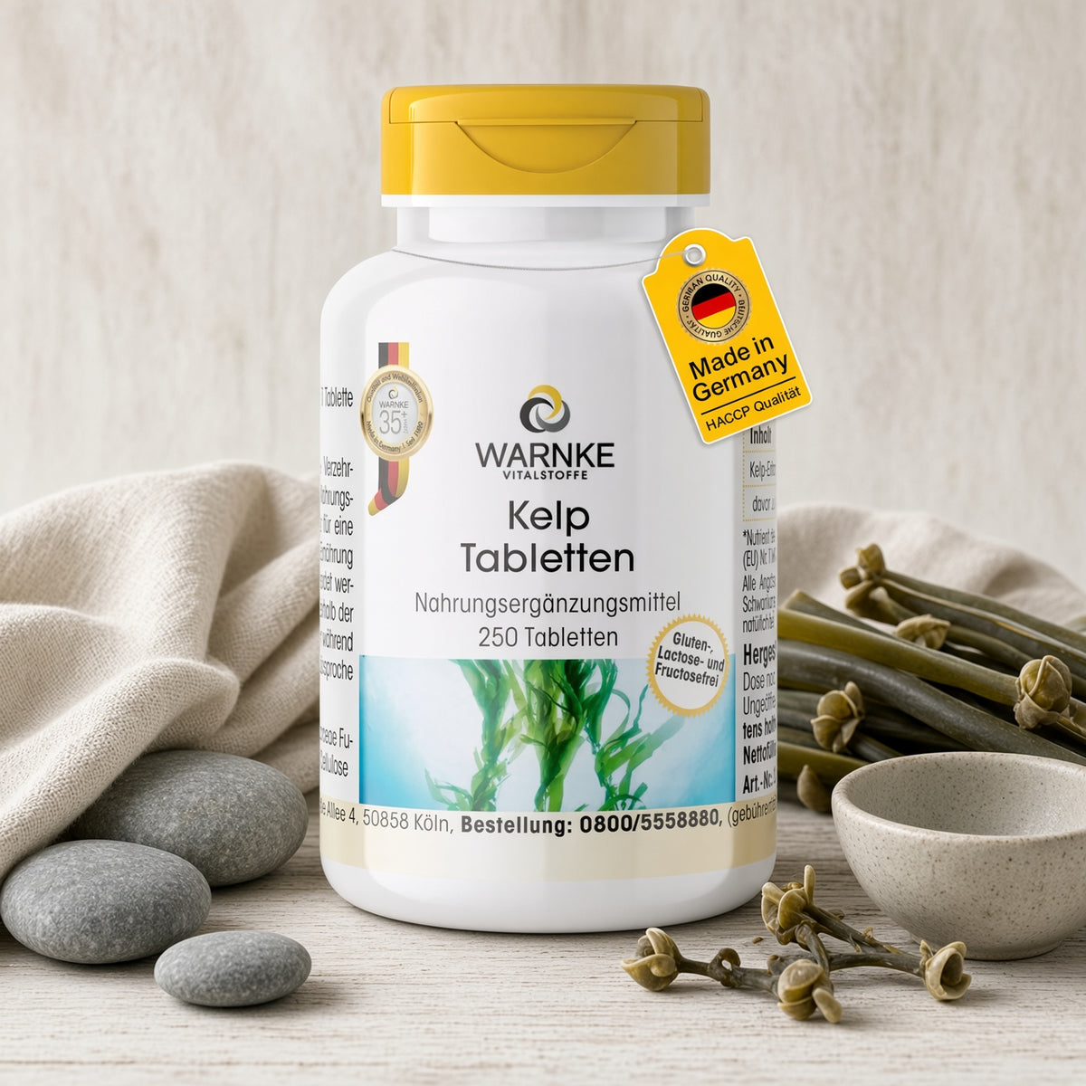 Kelp-tabletter i en hvit flaske med gult lokk, inneholder 250 tabletter. Flaske med sjøkapsler og grå steiner i omgivelsene.
