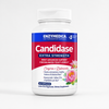 Kapselbeholder med 42 hvite kapsler. Merket "Candidase® Extra Strength" i rød og blå med botaniske motiver.