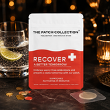 Kompakt pakke med 15 Recover Patches, rød og hvit design, plassert ved et glass med lime og mynt.