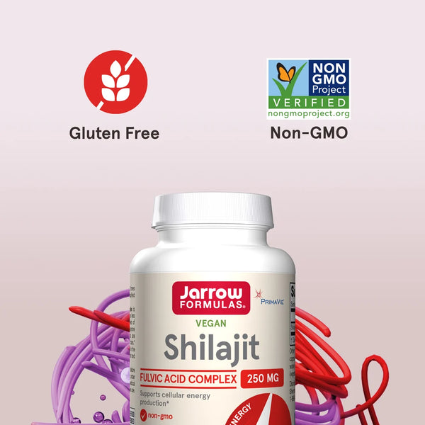 Vegan Shilajit Fulvic Acid Complex 250 mg kapsler i en hvit flaske, med glutenfri og Non-GMO merking.