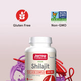 Vegan Shilajit Fulvic Acid Complex 250 mg kapsler i en hvit flaske, med glutenfri og Non-GMO merking.