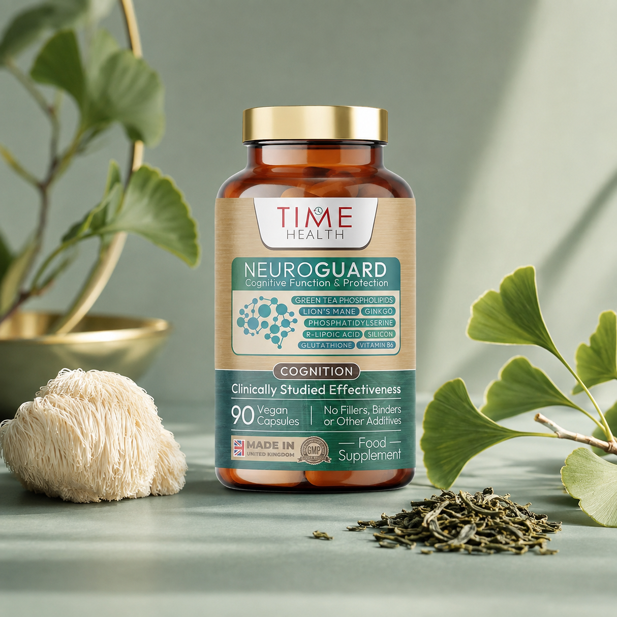 NeuroGuard Cognitive Complex i brun plastflaske med gullfarget lokk, 90 veganske kapsler tydelig merket.