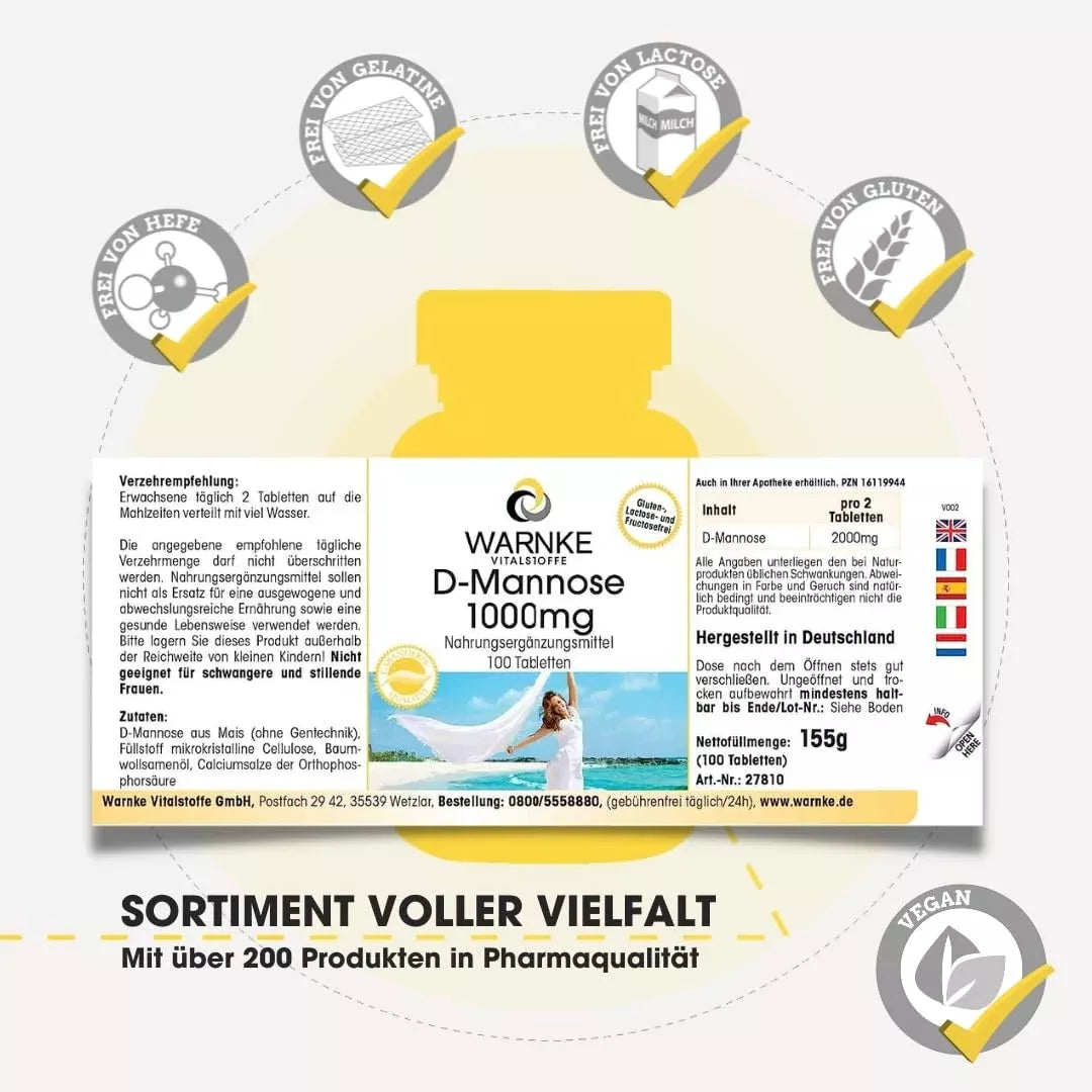 D-Mannose 1000 mg tabletter, vegansk emballasje med beskrivelse og helseikoner, gul bakgrunn. 100 tabletter.