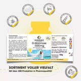 D-Mannose 1000 mg tabletter, vegansk emballasje med beskrivelse og helseikoner, gul bakgrunn. 100 tabletter.