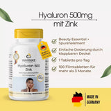 Hyaluron 500 mg med sink i en hvit flaske med gult lokk, 100 filmdrasjerte tabletter.