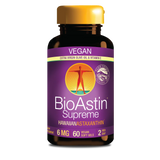 BioAstin Supreme kosttilskudd med 6 mg astaxantin i en svart flaske, vegansk og glutenfri, inneholder 60 softgels.