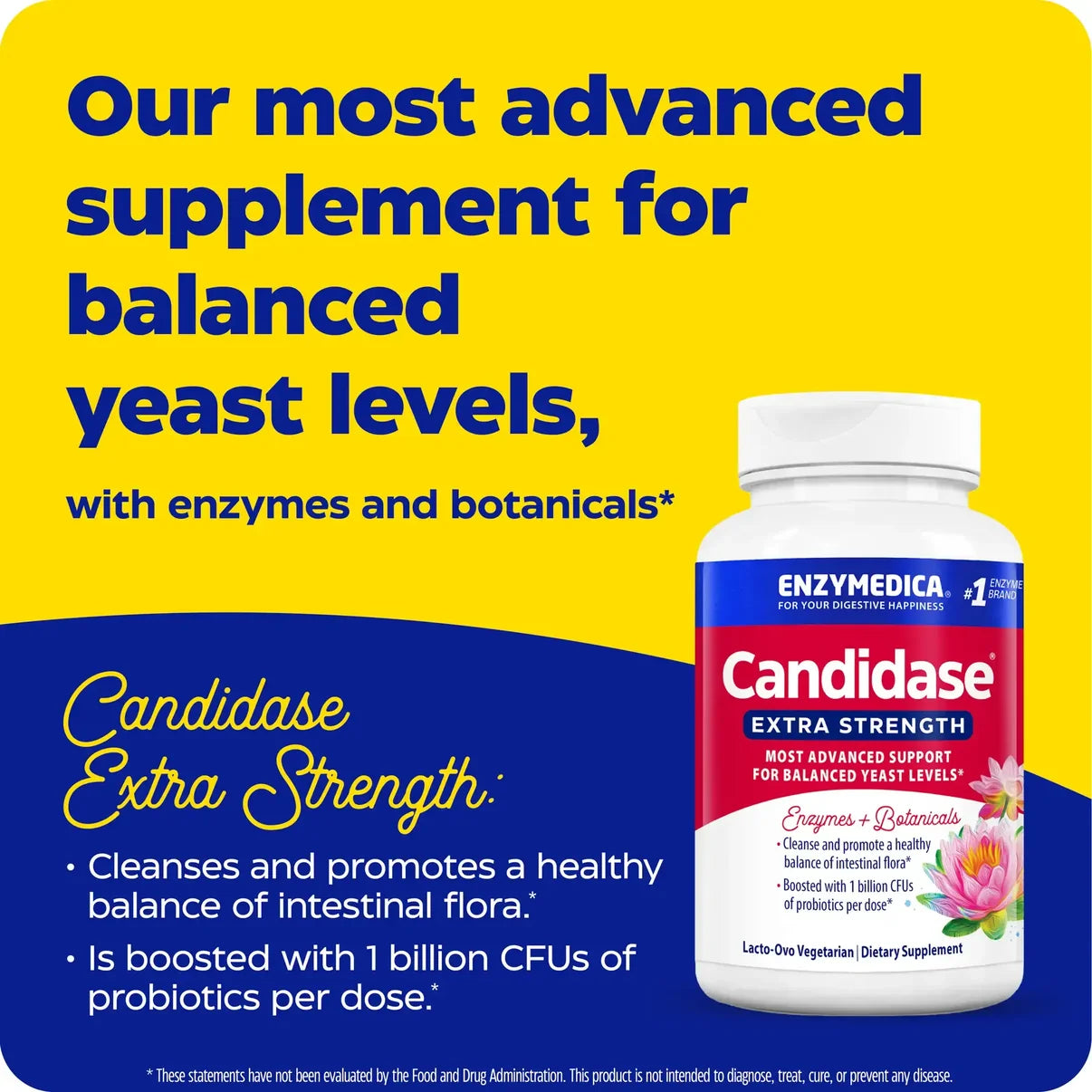 Candidase® Extra Strength i en hvit flaske med rød og blå etikett, viser produktinformasjon og ingredienser.
