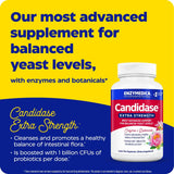 Candidase® Extra Strength i en hvit flaske med rød og blå etikett, viser produktinformasjon og ingredienser.