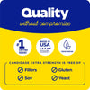Kvalitetsmerking med tekst om Candidase® Extra Strength, med symboler for glutenfri, soyafri og uten fyllstoffer.