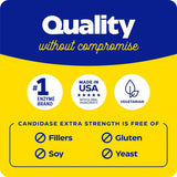 Kvalitetsmerking med tekst om Candidase® Extra Strength, med symboler for glutenfri, soyafri og uten fyllstoffer.
