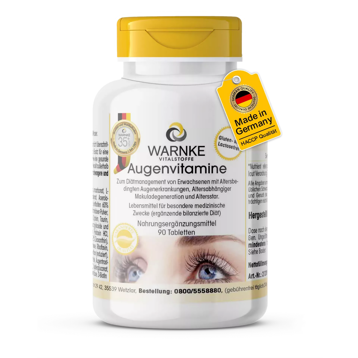 Øyevitaminer i hvit beholder med gult lokk, 90 tabletter, merket med gluten- og laktosefri.