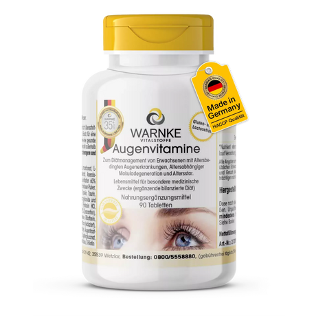 Øyevitaminer i hvit beholder med gult lokk, 90 tabletter, merket med gluten- og laktosefri.