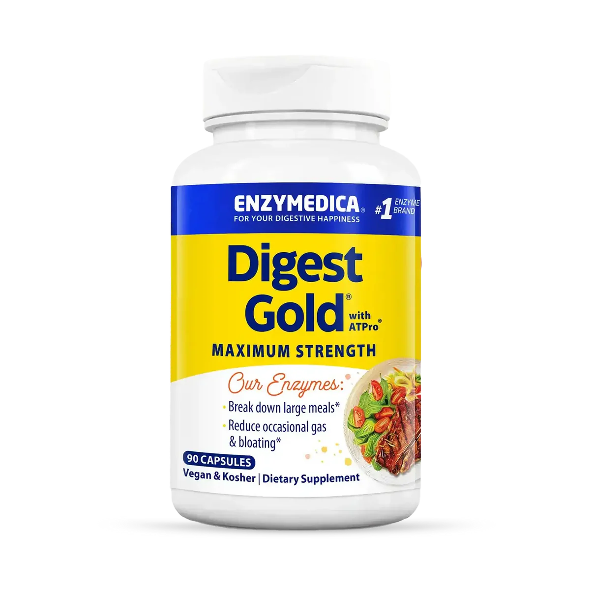 Digest Gold® med ATPro® i en hvit beholder, gult og blått design, inneholder 90 vegetabilske kapsler.