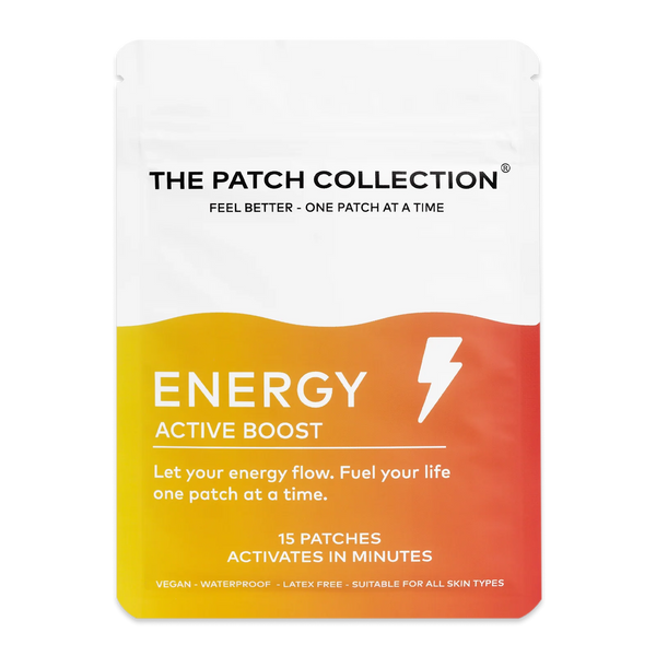 Wellnessplasterpakken fra The Patch Collection i lyse farger, med teksten "ENERGY ACTIVE BOOST" og 15 plaster.