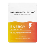 Wellnessplasterpakken fra The Patch Collection i lyse farger, med teksten "ENERGY ACTIVE BOOST" og 15 plaster.