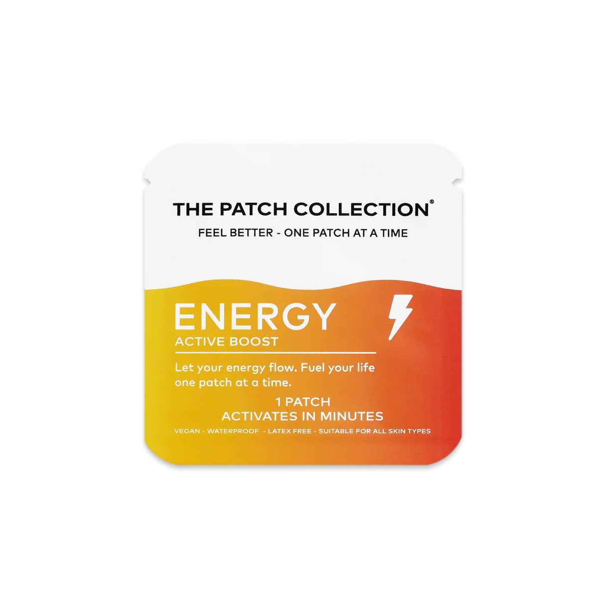 Kraftig farget pakke med wellnessplaster. Teksten "ENERGY ACTIVE BOOST" fremheves. Vegansk og vannbestandig.