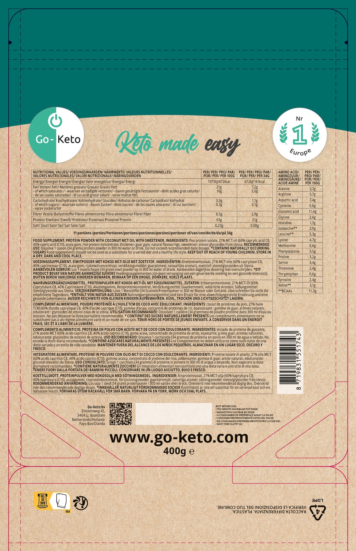 Go Keto MCT Keto Protein Powder Vanilla Go-Keto 400gr