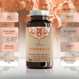 Kapselbeholder med "Premium Turmeric" i brune og oransje farger, innhold av ingefær og sort pepper, 180 vegetarkapsler.