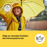 Kvinne med fyldig, gul regnjakke og gul paraply smiler, mens hun lytter til musikk.
