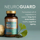 NeuroGuard - Cognitive Complex med 90 veganske kapsler i en brun flaske, plassert med lion’s mane sopp og ginkgo-blader.