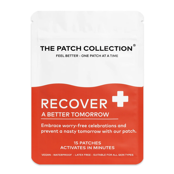 Rød og hvit pakke med teksten "Recover" og "15 plaster" tydelig utformet, angir produkttype og egenskaper.