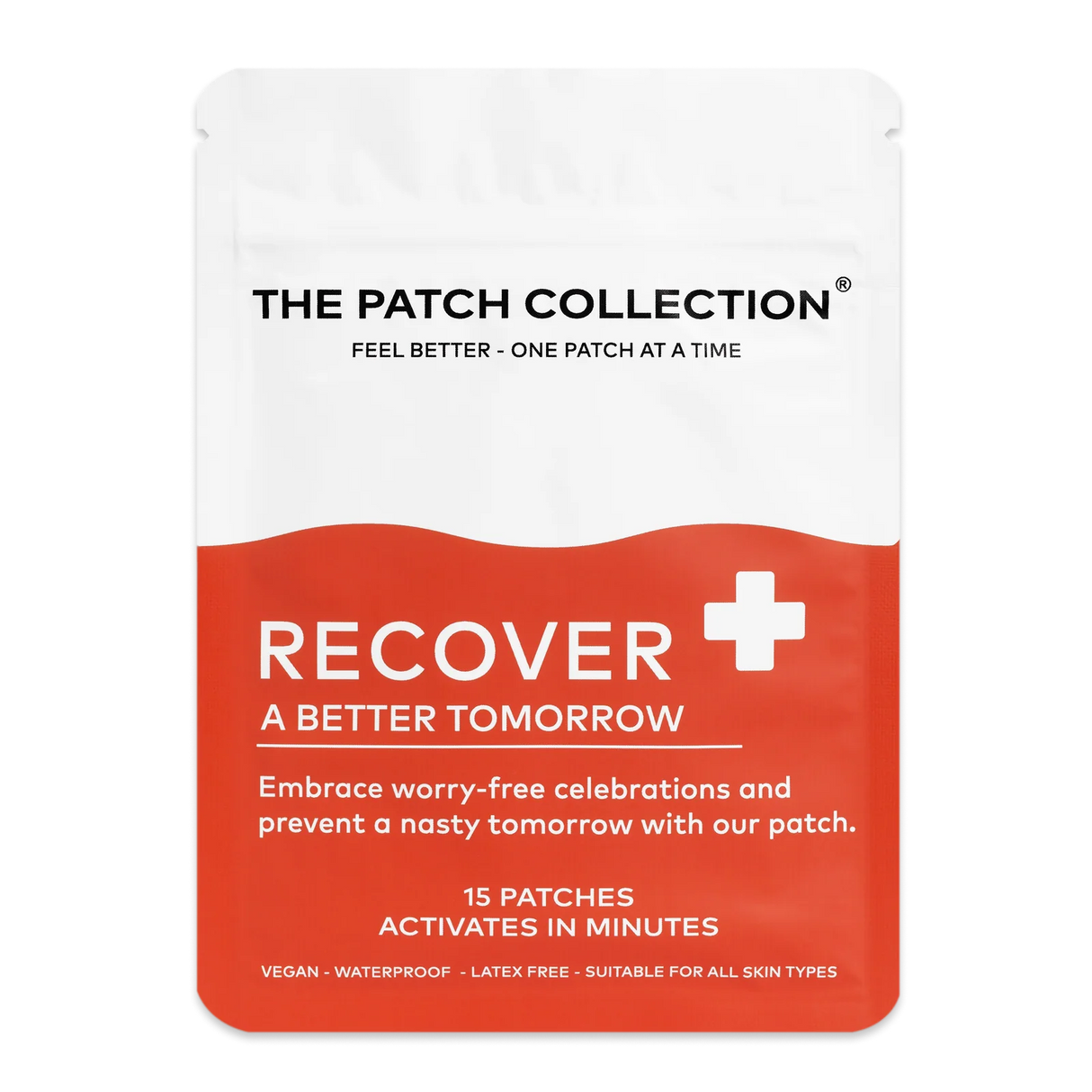 Rød og hvit pakke med teksten "Recover" og "15 plaster" tydelig utformet, angir produkttype og egenskaper.