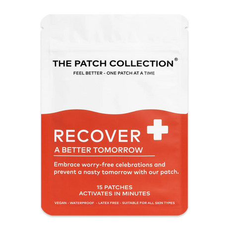 Rød og hvit pakke med teksten "Recover" og "15 plaster" tydelig utformet, angir produkttype og egenskaper.