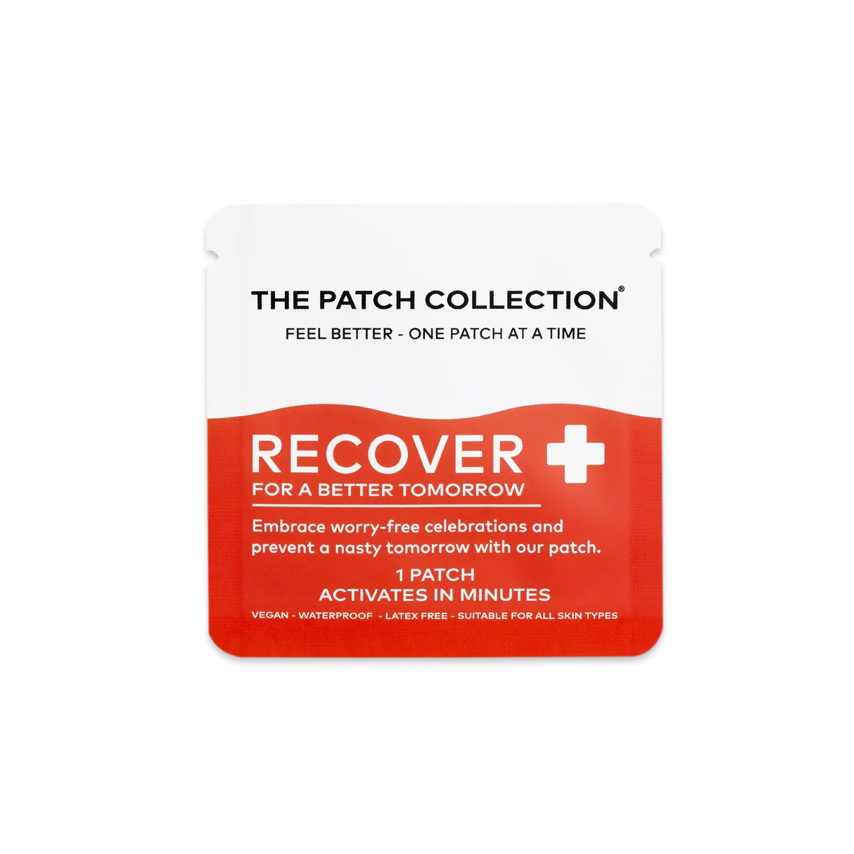 Kompakt emballasje med 15 Recover Patches, hvit og rød design, inneholder informasjon om vegan og vannbestandighet.