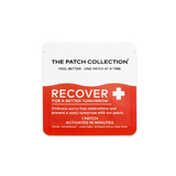 Kompakt emballasje med 15 Recover Patches, hvit og rød design, inneholder informasjon om vegan og vannbestandighet.