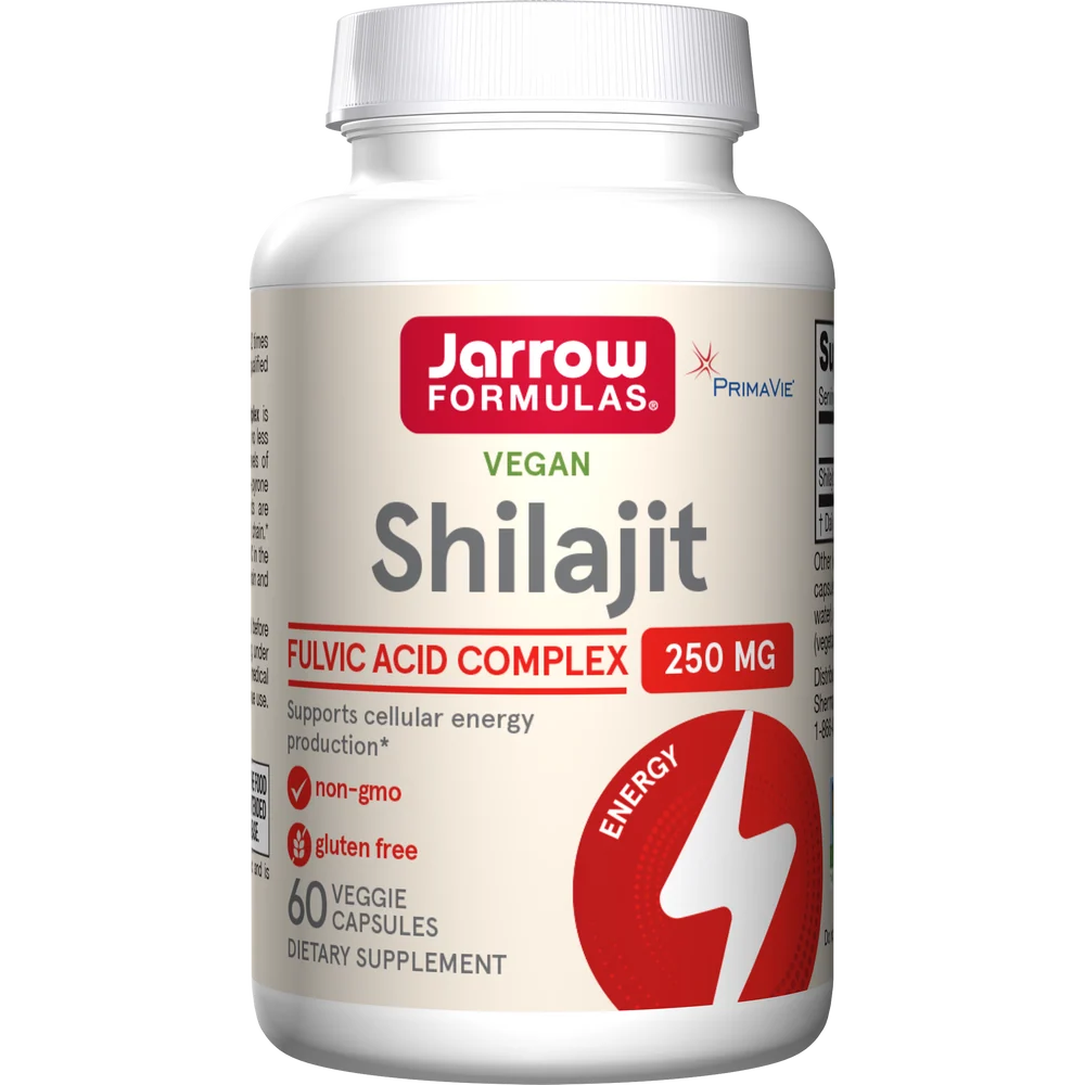 Vegan Shilajit Fulvic Acid Complex, hvit kapselglattet flaske med rød og grønn tekst, 60 veganske kapsler.