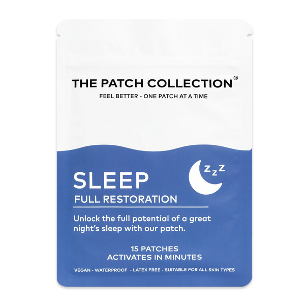 The Patch Collection Sleep Patches, hvit og blå emballasje med tekst om søvn og 15 plaster. Vannbestandig og vegansk.