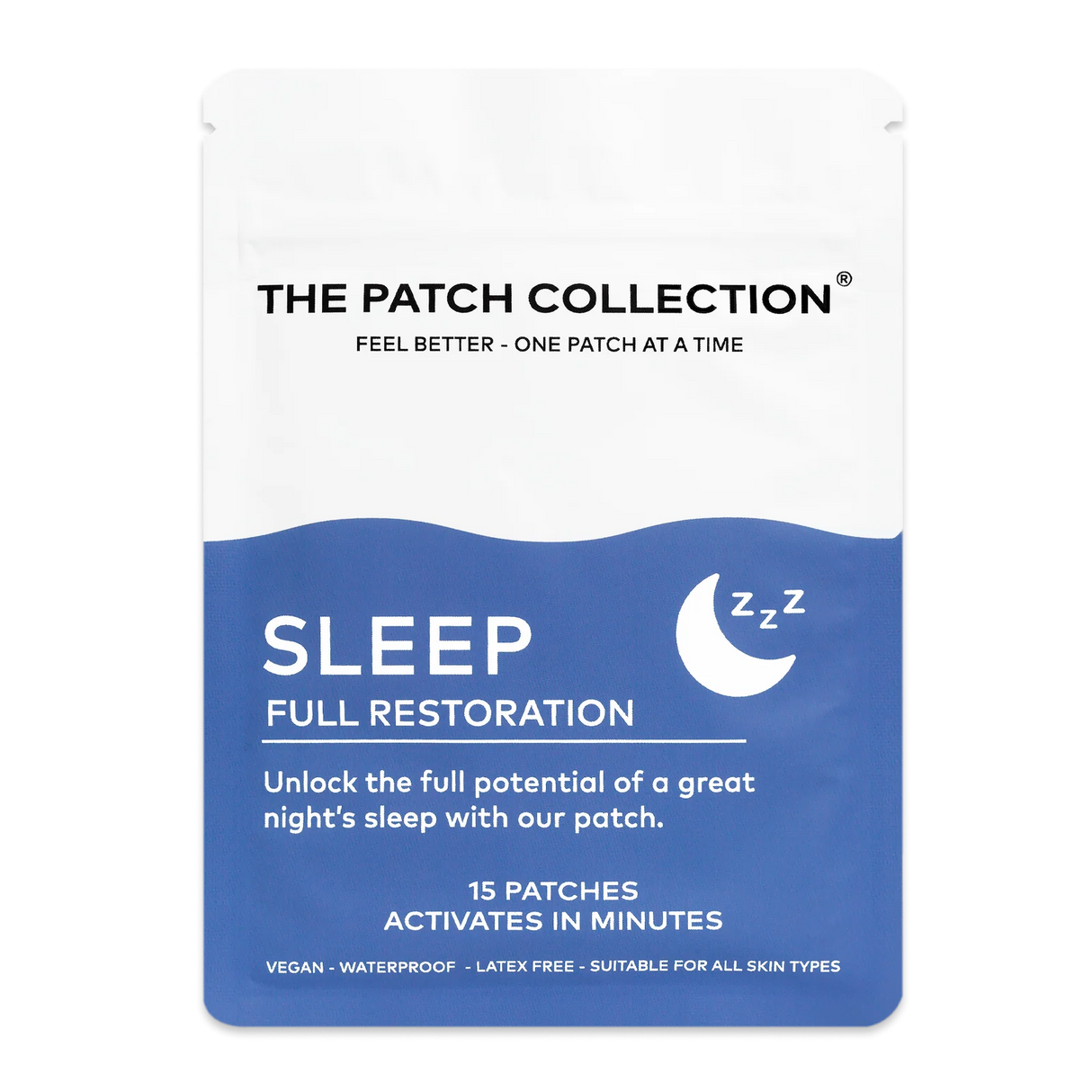 The Patch Collection Sleep Patches, hvit og blå emballasje med tekst om søvn og 15 plaster. Vannbestandig og vegansk.