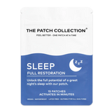 The Patch Collection Sleep Patches, hvit og blå emballasje med tekst om søvn og 15 plaster. Vannbestandig og vegansk.