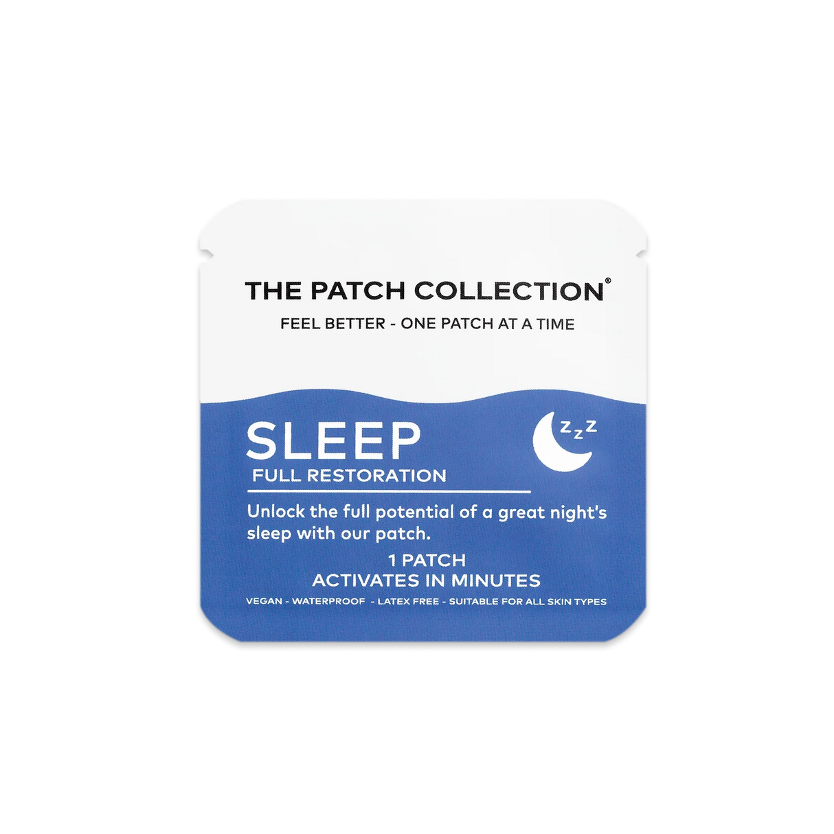 Søvnplaster fra The Patch Collection med blå emballasje, merket "SLEEP" og angivelse av vegan og lateksfritt.
