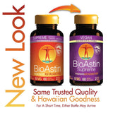 BioAstin Supreme Astaxanthin, to flasker med 60 veganske softgeler, oransje og lilla etikett med detaljer om ingredienser.