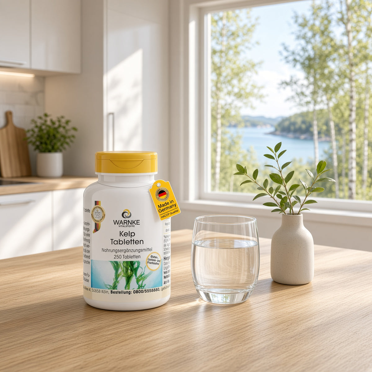 Kelp-tabletter i hvit beholder med gul hette, plassert på et lyst bord ved vindu, fylt med vann og en liten plante.