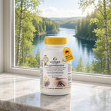 Øyevitaminer fra Warnke Vitalstoffe i hvit beholder med gul lokk, inneholder 90 tabletter. Visuelt plassert foran vindu med utsikt.