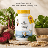 Betain HCl 650 mg er pakket i en hvit, plastbeholder med gul lokk, inneholder 120 veganske kapsler.