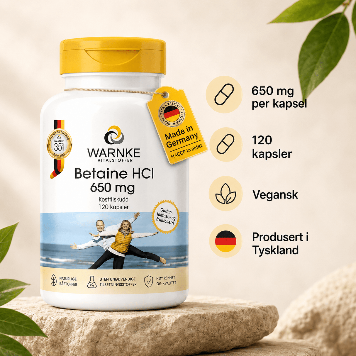 Betaine HCl 650 mg kapsler i hvit beholder med gultt lokk, 120 kapsler, vegansk og produsert i Tyskland.