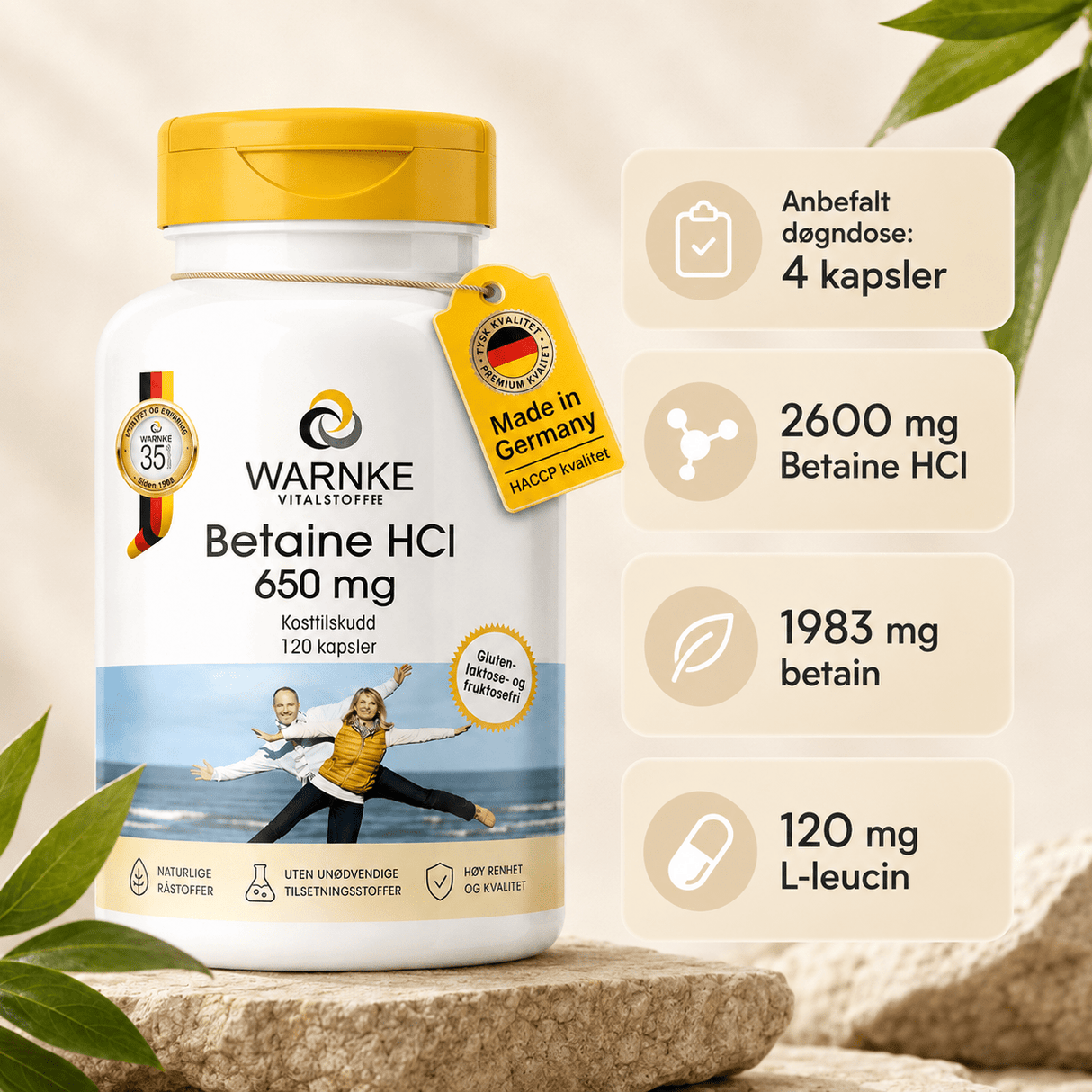Betaine HCl 650 mg kosttilskudd, hvit beholder med gul lokk, inneholder 120 veganske kapsler.